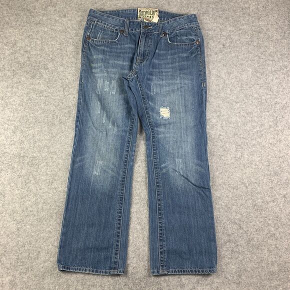 Revolve Jeans Mens 34X28 Blue Straight Flap Pocket Faded Distressed Tag 34x30